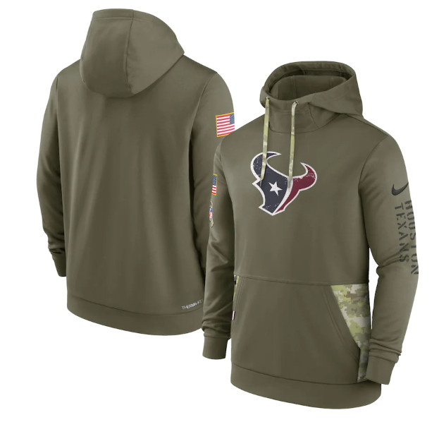 Men's Houston Texans 2022 Olive Salute to Service Therma Performance Pullover Hoodie